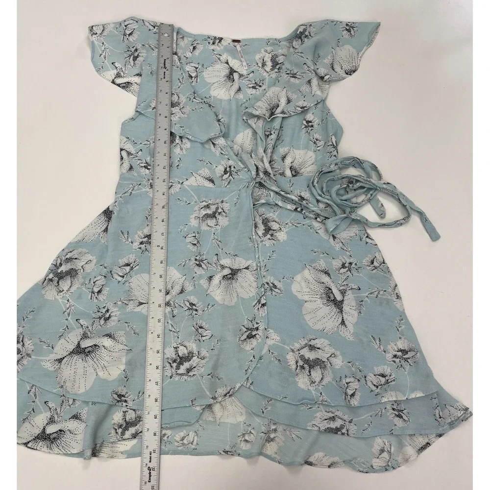 Free People French Quarter Wrap Dress Sz Small Blue White Floral Ruffle Mini